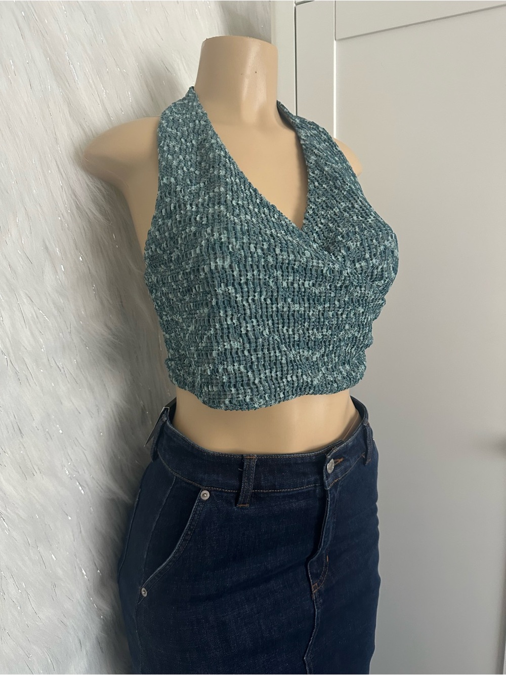 Guess Textured Halter Crop Top in Teal Blue